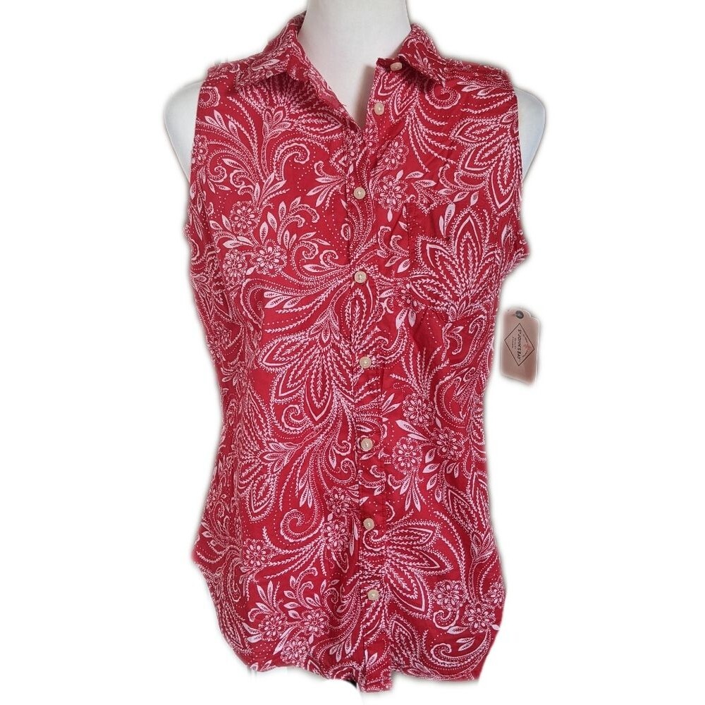 St. John's Bay NWT 100% cotton sleeveless red & white paisley blouse S